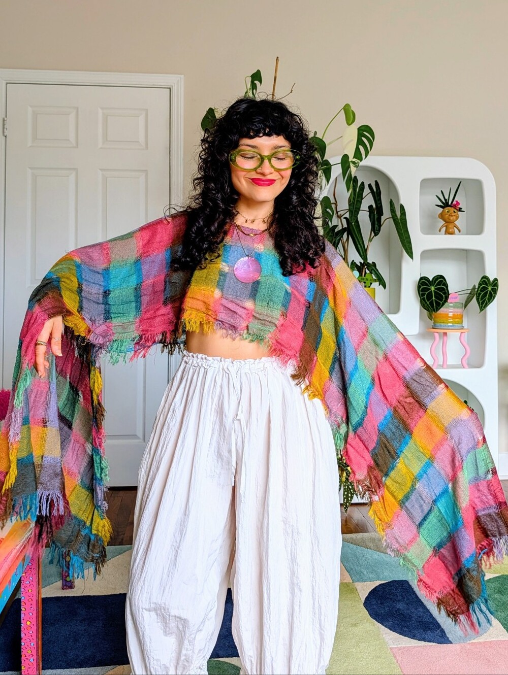 Upcycled multicolored patchwork poncho with fringe
